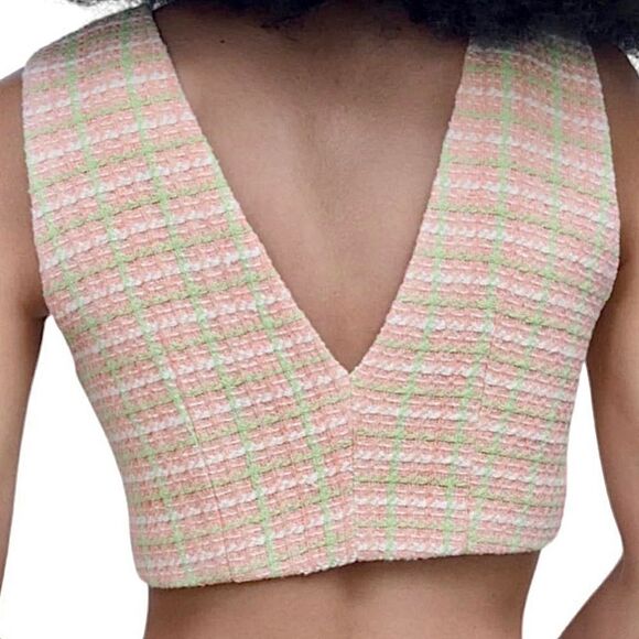 ZARA Tweed Crop Top Pink & Green Vest Jewel Buttons Size S • BLOGGER FAVORITE • - Picture 4 of 12